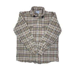 Vtg Carhartt Mens Large Tall Long Sleeve Button Cotton Brown Plaid Flannel Shirt